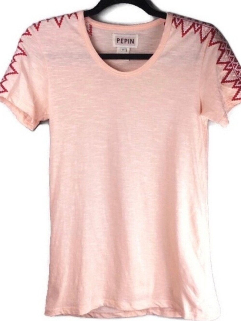 Pepin Light Pink Tee with Red Shoulder Embroidery